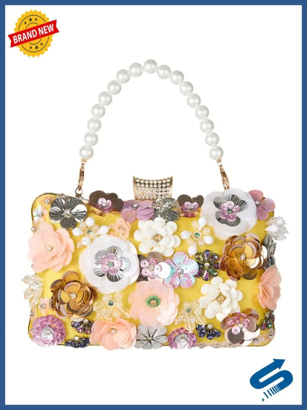 Rhinestone Flower Clutch Evening Bag with Chain Shoulder Strap